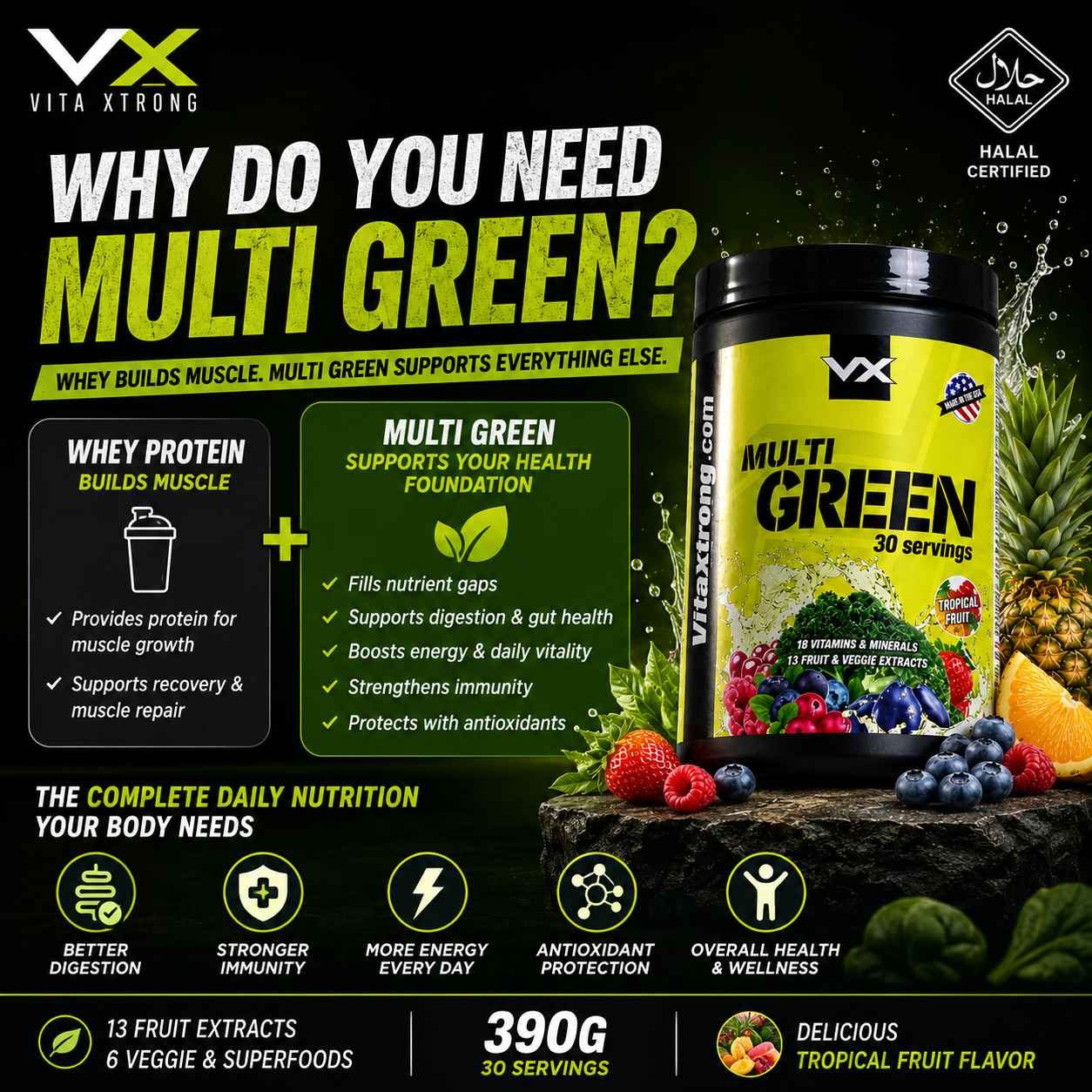 VITAXTRONG™ Multi Green (30 Servings) | Complete Multivitamin with Fruits, Veggie Extracts & Antioxidants • Daily Digestive & Recovery Support [VX]_5
