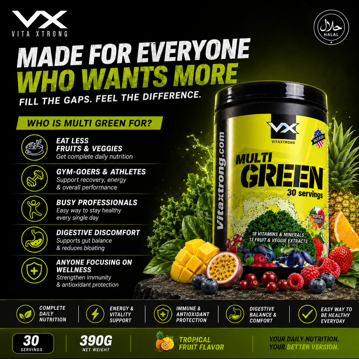VITAXTRONG™ Multi Green (30 Servings) | Complete Multivitamin with Fruits, Veggie Extracts & Antioxidants • Daily Digestive & Recovery Support [VX]_4