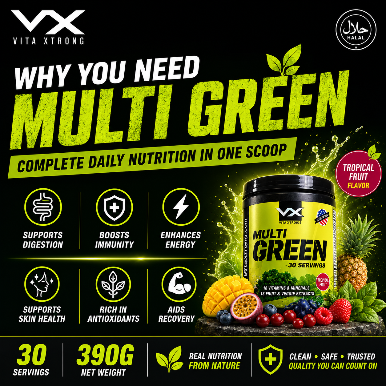 VITAXTRONG™ Multi Green (30 Servings) | Complete Multivitamin with Fruits, Veggie Extracts & Antioxidants • Daily Digestive & Recovery Support [VX]_3