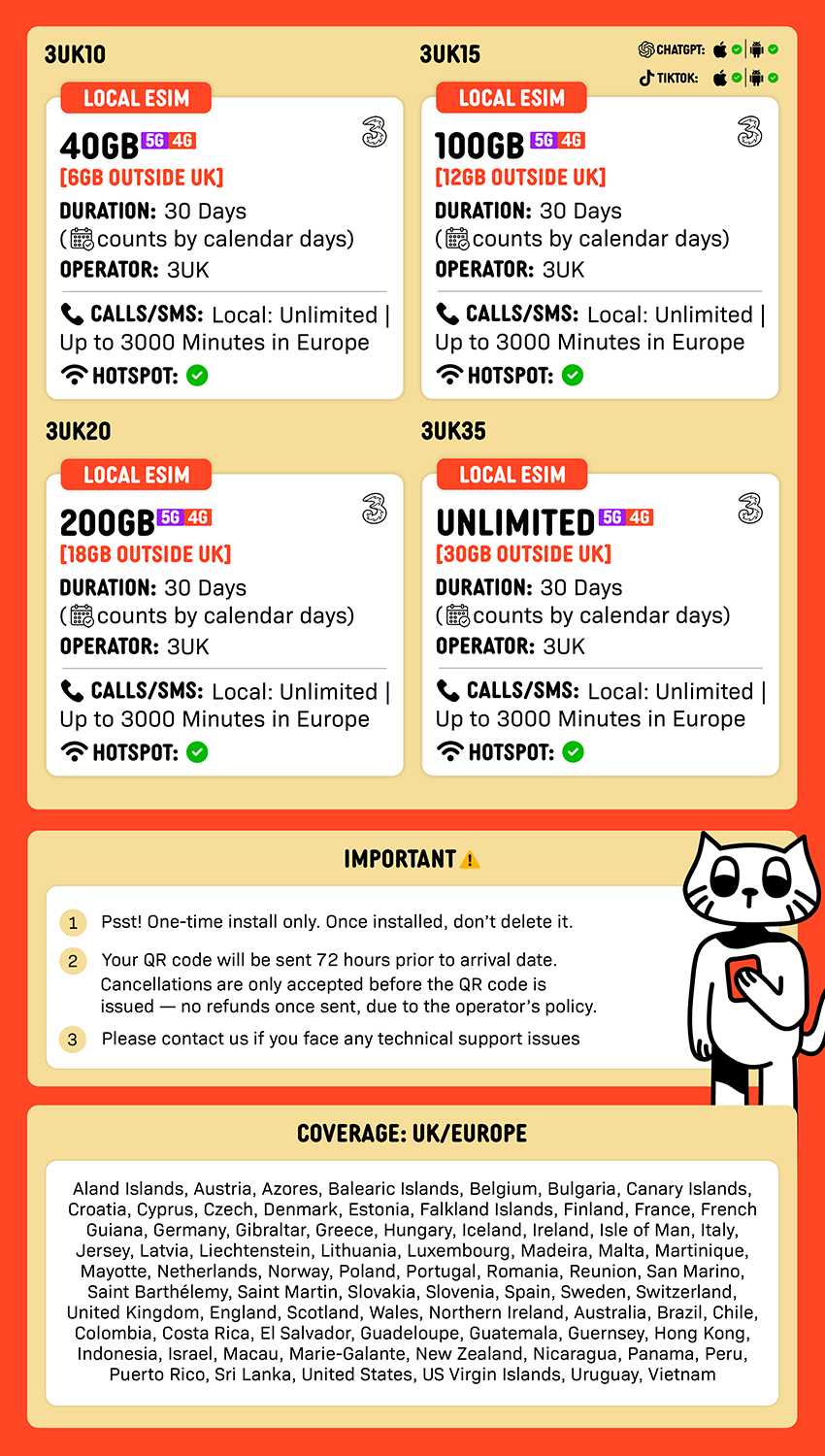SIMPLY UK + Europe (3UK) Local eSIM | 30 Days - 40GB/100GB/200GB/Unlimited + UK Calls/SMS Up to 3000 Mins_1