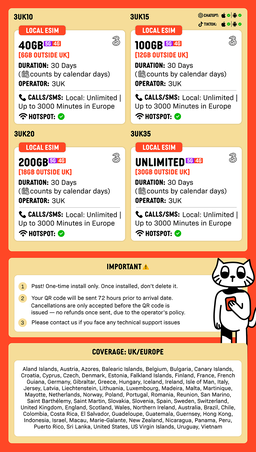 SIMPLY UK + Europe (3UK) Local eSIM | 30 Days - 40GB/100GB/200GB/Unlimited + UK Calls/SMS Up to 3000 Mins