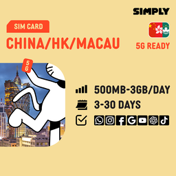 SIMPLY China + Hongkong + Macau SIM | Up to 30 Days - Daily 500MB-3GB + Unlimited Data