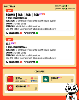 SIMPLY China + Hongkong + Macau SIM | Up to 30 Days - Daily 500MB-3GB + Unlimited Data