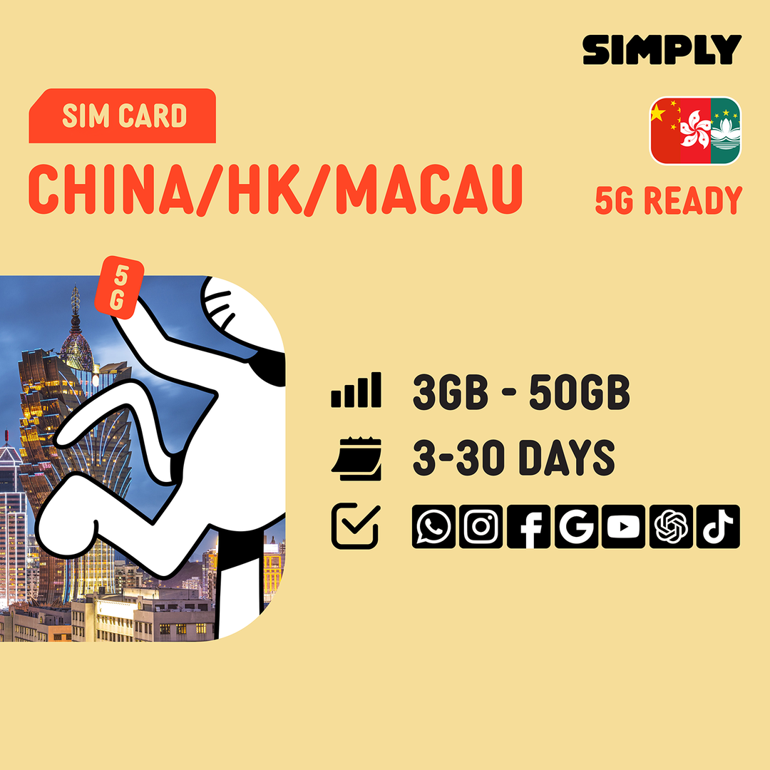 SIMPLY China + Hongkong + Macau SIM | Up to 30 Days - Total 3GB-50GB + Unlimited Data
