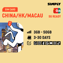 SIMPLY China + Hongkong + Macau SIM | Up to 30 Days - Total 3GB-50GB + Unlimited Data