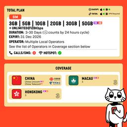 SIMPLY China + Hongkong + Macau SIM | Up to 30 Days - Total 3GB-50GB + Unlimited Data