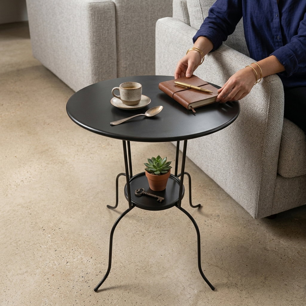 Table d’appoint ronde en métal noir avec double plateau de rangement_3