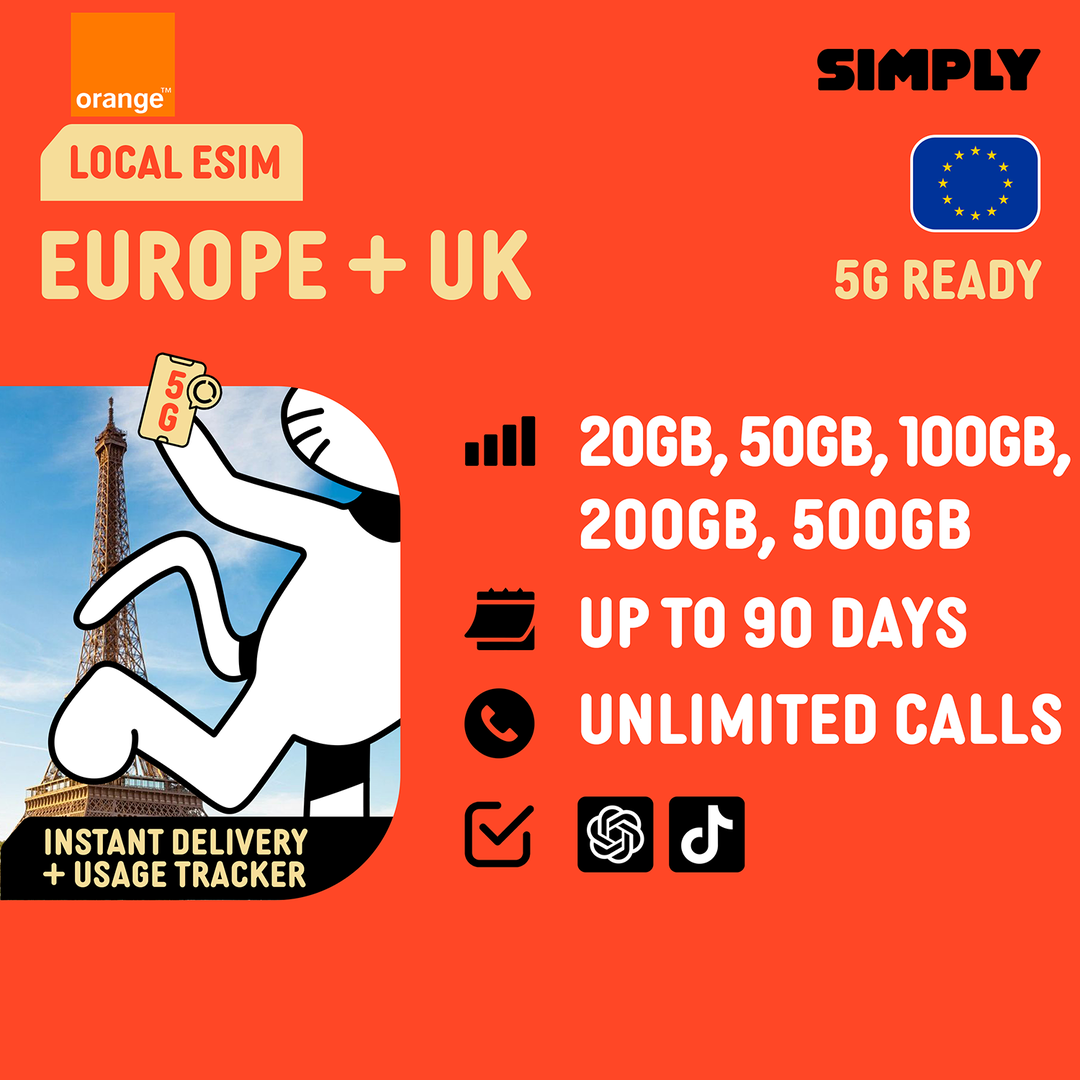 Orange Holiday Europe + UK eSIM (20GB/50GB/100GB/200GB/500GB), 30-90 Days, Unlimited Local Calls)