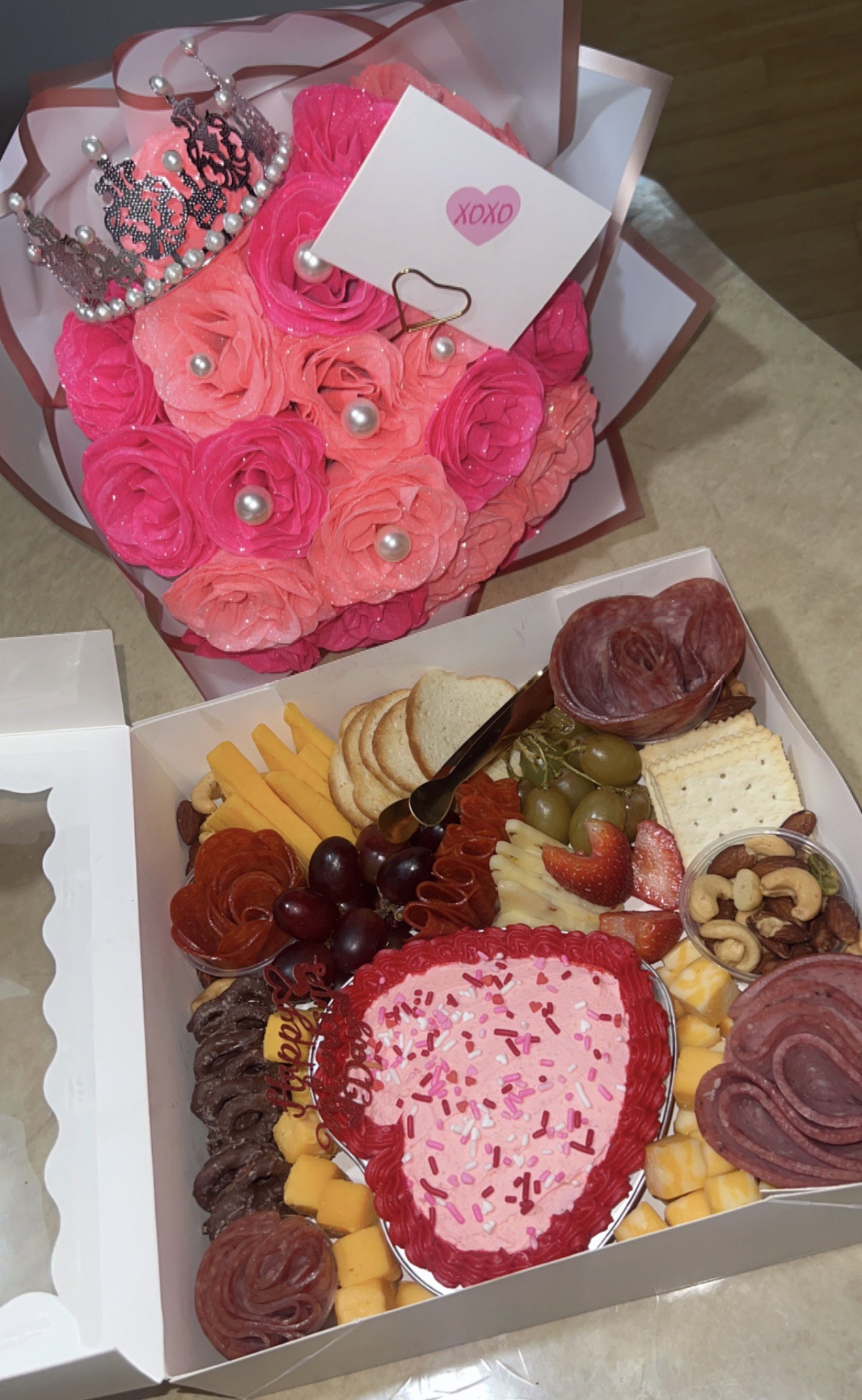 Charcuterie Gift Bites Box with Cake and Flowers _2