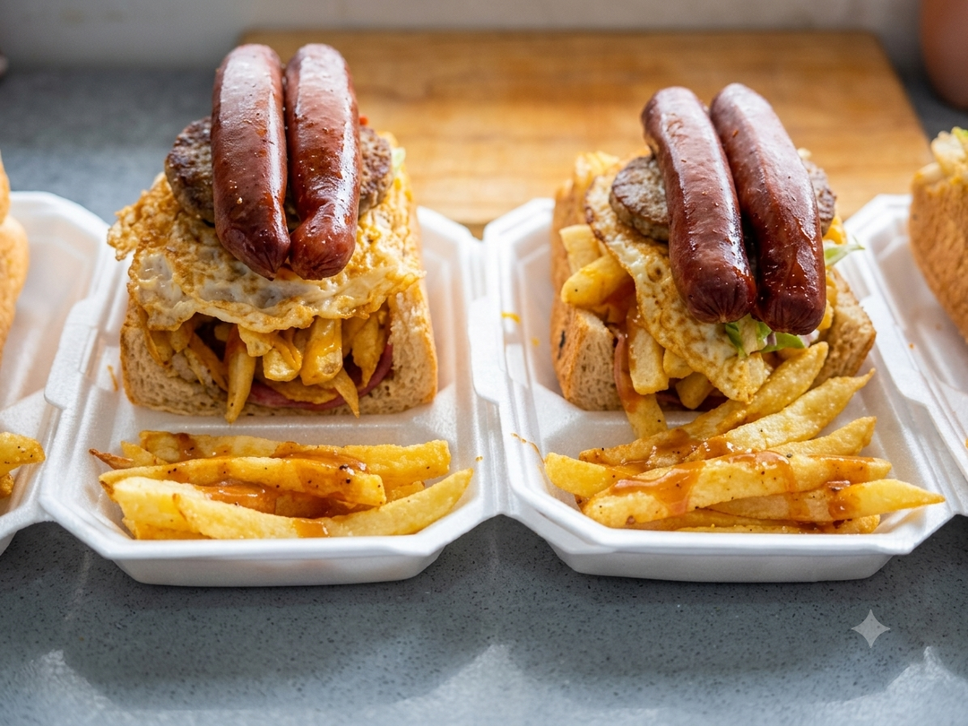 Bunny Chow - Achar, Polony, Cheese, Egg, Patty, Russian, Chips 