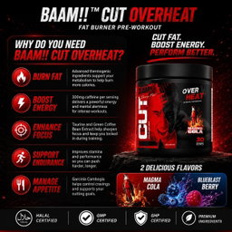 BAAM!! Cut Overheat (234g, 30 servings) Fat Burner & Pre-Workout | Weight Loss, Energy Booster, Focus Support