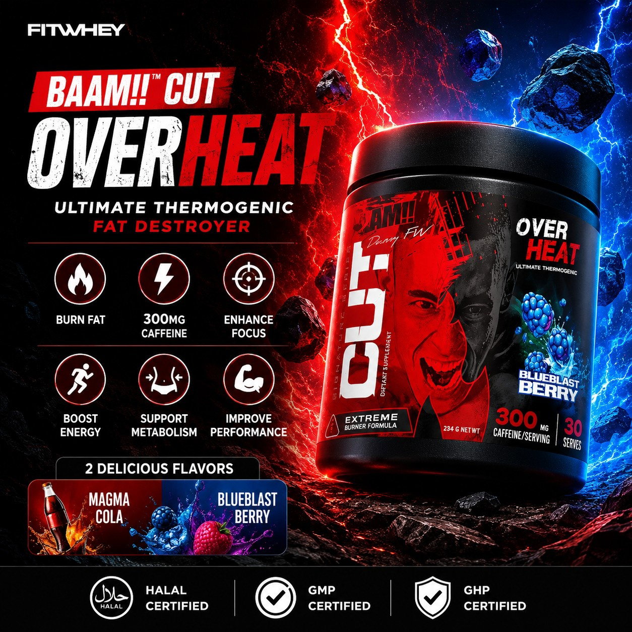 BAAM!! Cut Overheat (234g, 30 servings) Fat Burner & Pre-Workout | Weight Loss, Energy Booster, Focus Support_0