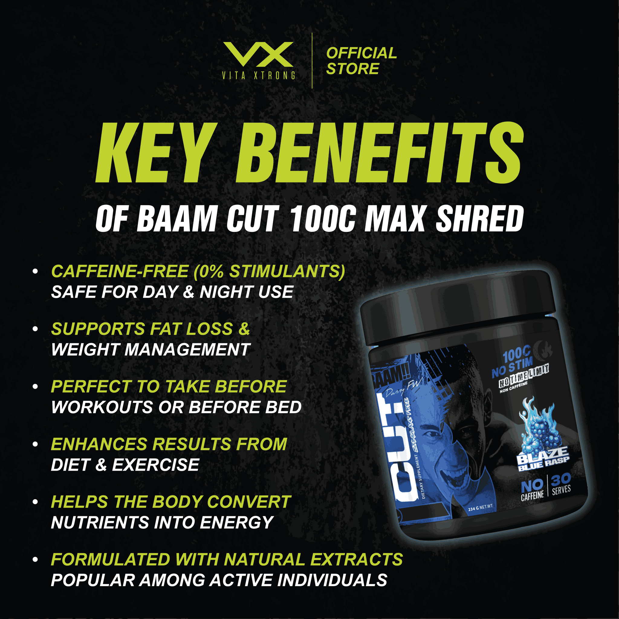BAAM!! CUT 100C Max Shred – NO STIM Fat Burner (30 servings) | 0% Caffeine, Day & Night Use | Diet & Training Support_10