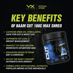 BAAM!! CUT 100C Max Shred – NO STIM Fat Burner (30 servings) | 0% Caffeine, Day & Night Use | Diet & Training Support
