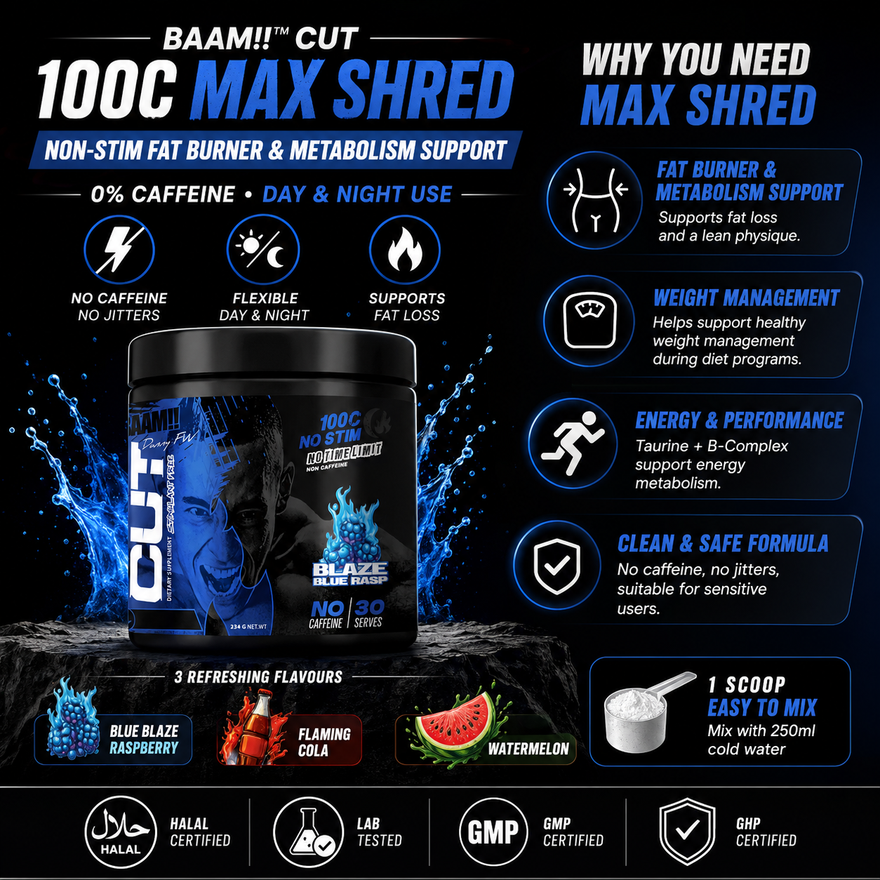 BAAM!! CUT 100C Max Shred – NO STIM Fat Burner (30 servings) | 0% Caffeine, Day & Night Use | Diet & Training Support_2