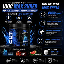 BAAM!! CUT 100C Max Shred – NO STIM Fat Burner (30 servings) | 0% Caffeine, Day & Night Use | Diet & Training Support