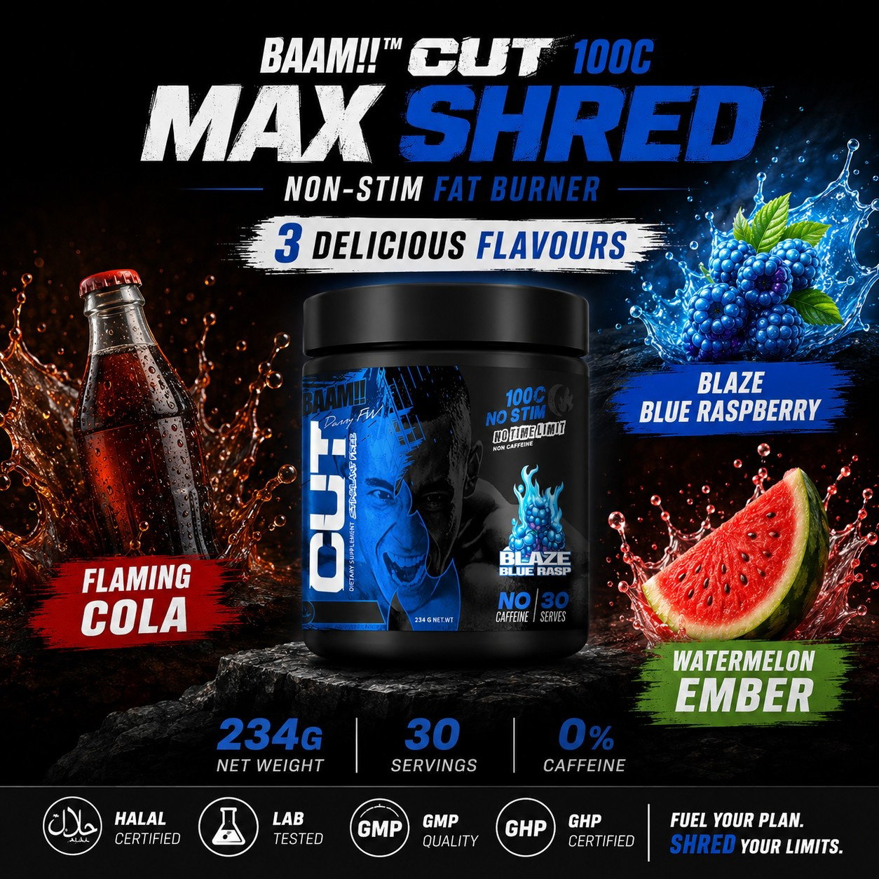 BAAM!! CUT 100C Max Shred – NO STIM Fat Burner (30 servings) | 0% Caffeine, Day & Night Use | Diet & Training Support_1