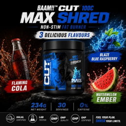 BAAM!! CUT 100C Max Shred – NO STIM Fat Burner (30 servings) | 0% Caffeine, Day & Night Use | Diet & Training Support
