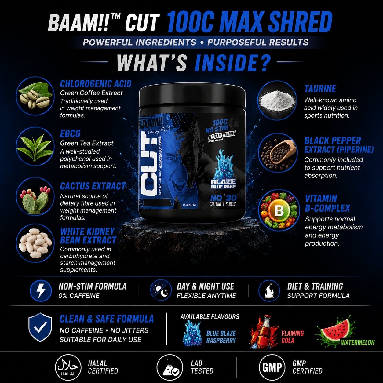 BAAM!! CUT 100C Max Shred – NO STIM Fat Burner (30 servings) | 0% Caffeine, Day & Night Use | Diet & Training Support_4