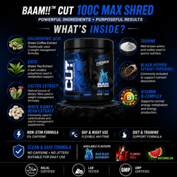 BAAM!! CUT 100C Max Shred – NO STIM Fat Burner (30 servings) | 0% Caffeine, Day & Night Use | Diet & Training Support