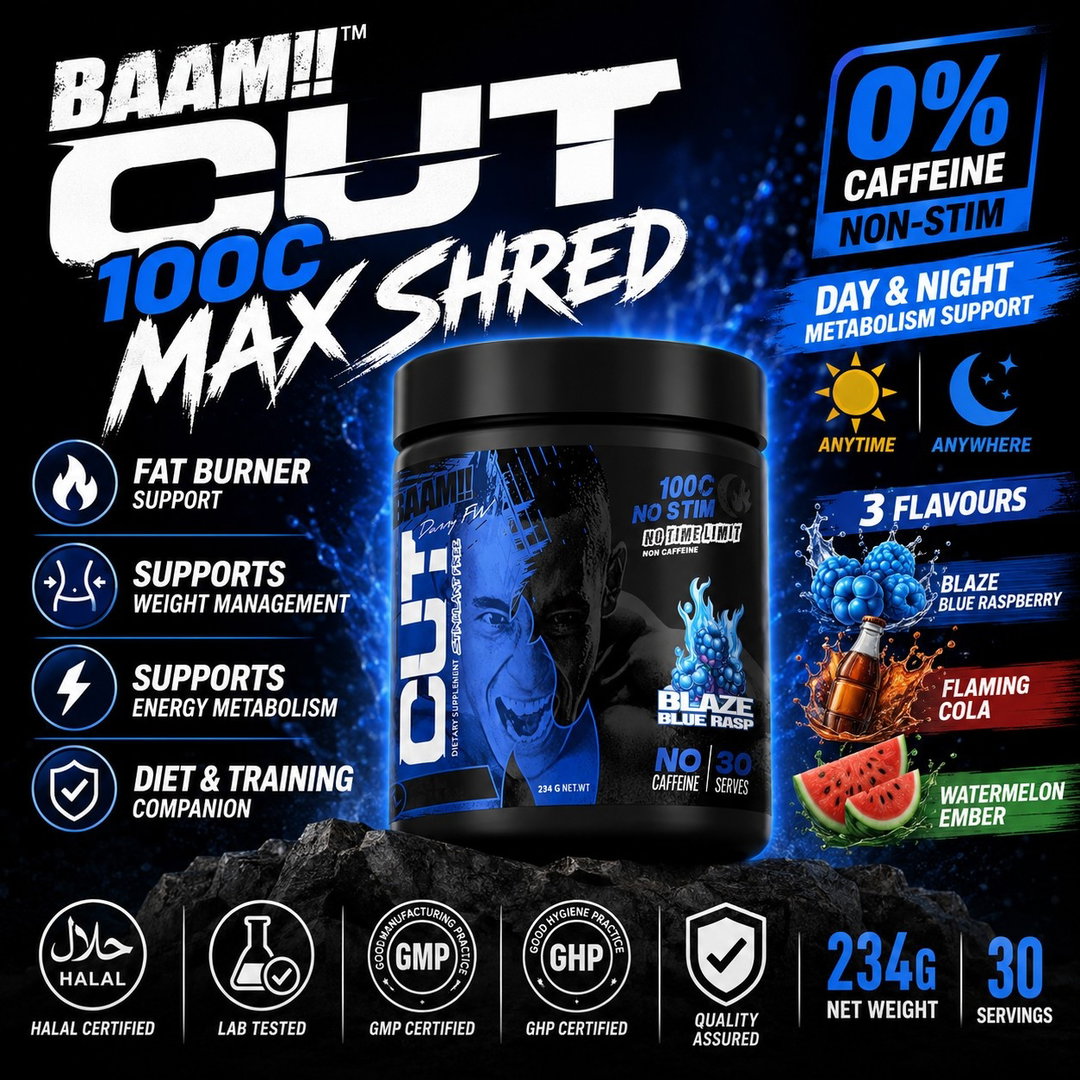 BAAM!! CUT 100C Max Shred – NO STIM Fat Burner (30 servings) | 0% Caffeine, Day & Night Use | Diet & Training Support