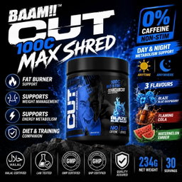 BAAM!! CUT 100C Max Shred – NO STIM Fat Burner (30 servings) | 0% Caffeine, Day & Night Use | Diet & Training Support