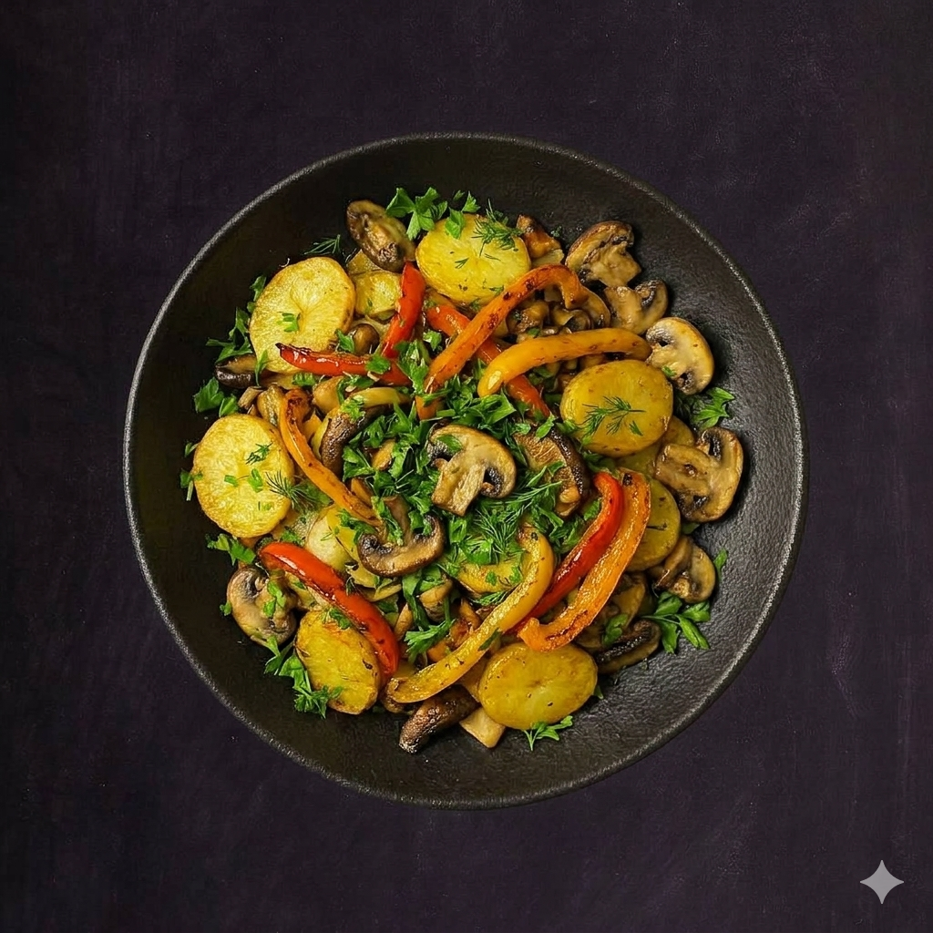 Жаркое с картофелем, болгарским перцем, грибами и зеленью