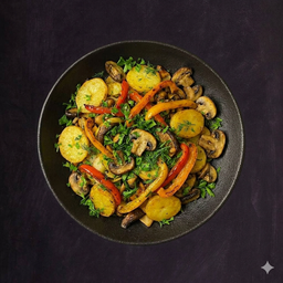 Жаркое с картофелем, болгарским перцем, грибами и зеленью