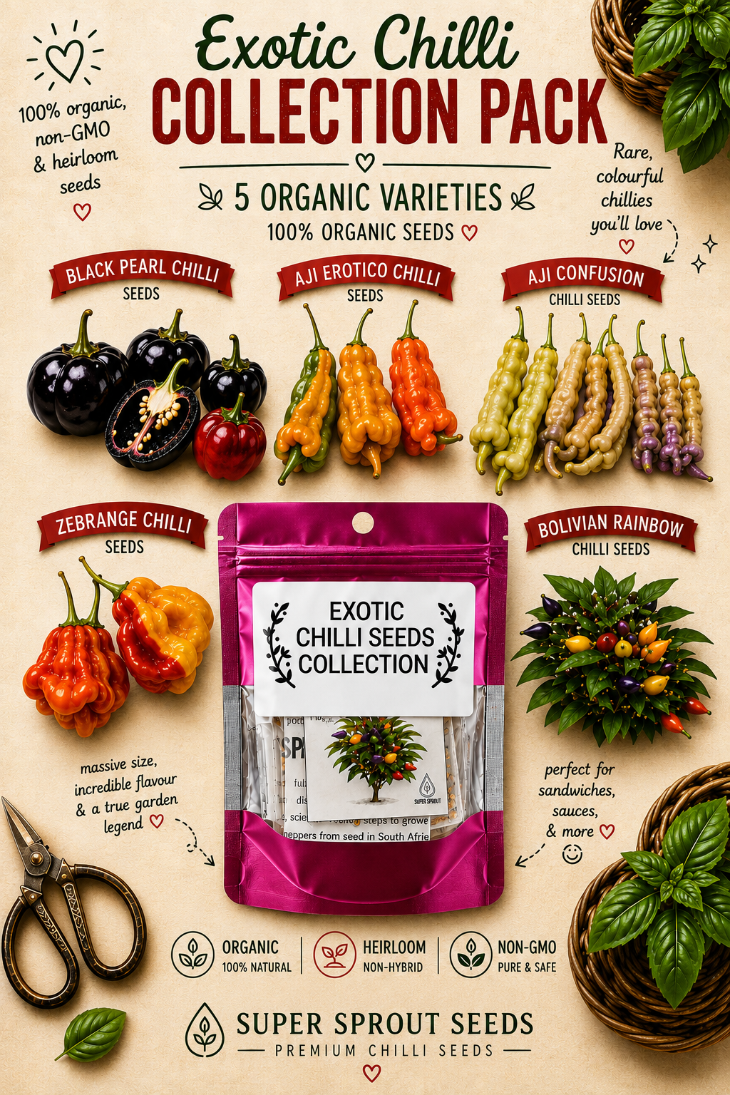 Exotic Chilli Seed Collection x 5 packs 10 seeds per pack