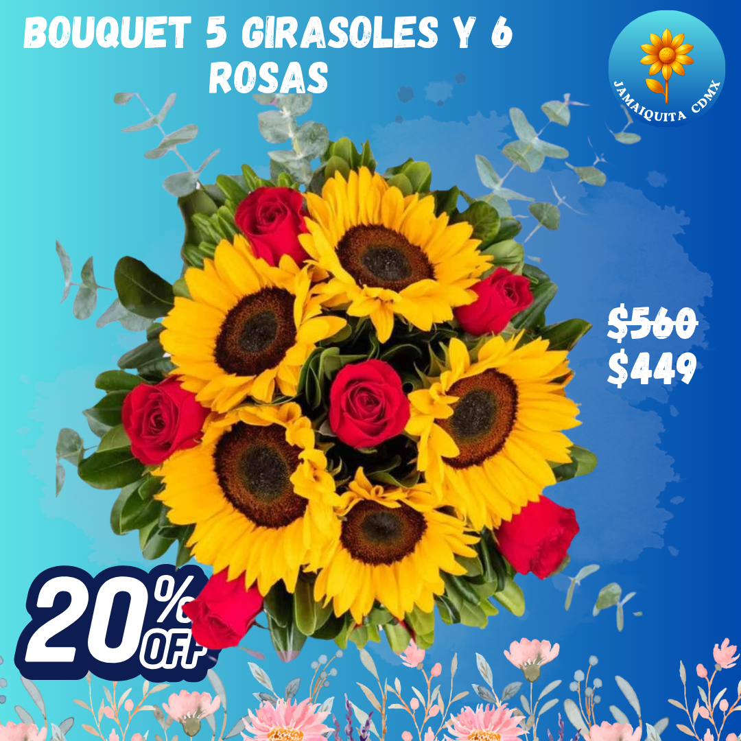 BOUQUET 5 GIRASOLES Y 6 ROSAS