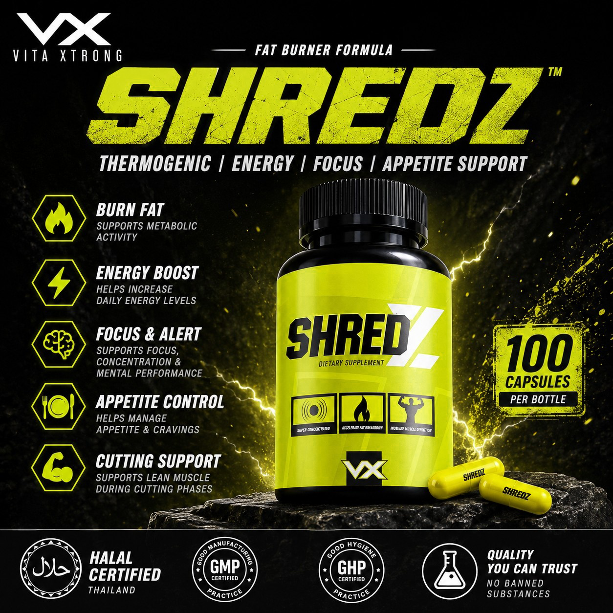 VITAXTRONG™ SHREDZ (100 Capsules) | Advanced Thermogenic Fat Burner with Natural Caffeine • Energy, Focus & Cutting Support [VX]_5