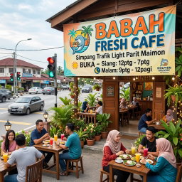BABAH FRESH CAFE  Simpang trafik light parit maimon BUKA-Siang :12ptg-7ptg Malam : 9ptg-12pagi
