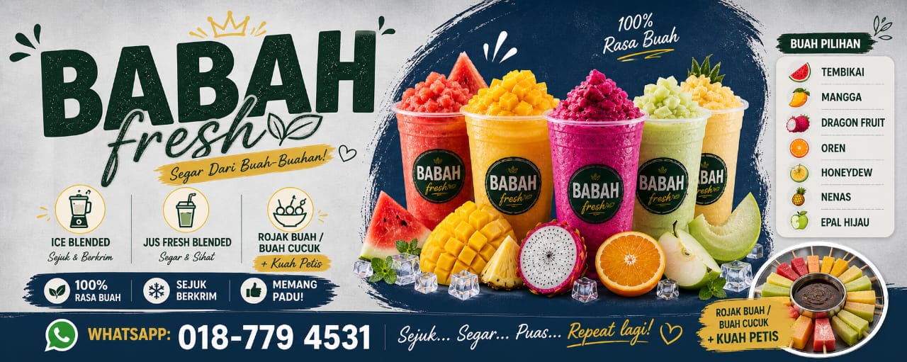 "Sejuk... Segar... Puas... Repeat lagi! ❤️"  Cuaca panas-panas begini, dapat sedut Ice Blended Mangga atau Jus Dragon Fruit yang pekat berkrim dari Babah Fresh memang layan! 🥤✨  Bukan tu jer, kita ada Rojak Buah & Buah Cucuk yang rangup dengan Kuah Petis yang pekat berkilat. Sekali makan, confirm tak cukup secucuk!  Antara Buah Pilihan Kami:  🍉 Tembikai Merah Menyala  🥭 Mangga Manis Melekit  🍇 Dragon Fruit Segar  🍍 Nenas, Oren, Honeydew & Epal Hijau!  Tunggu apa lagi? Tekan link di bawah, abang rider Dolphin Delivery hantar terus sampai depan pintu rumah anda! 👇  👉 KLIK SINI UNTUK ORDER: https://take.app/id/dolphinfooddelivery_0