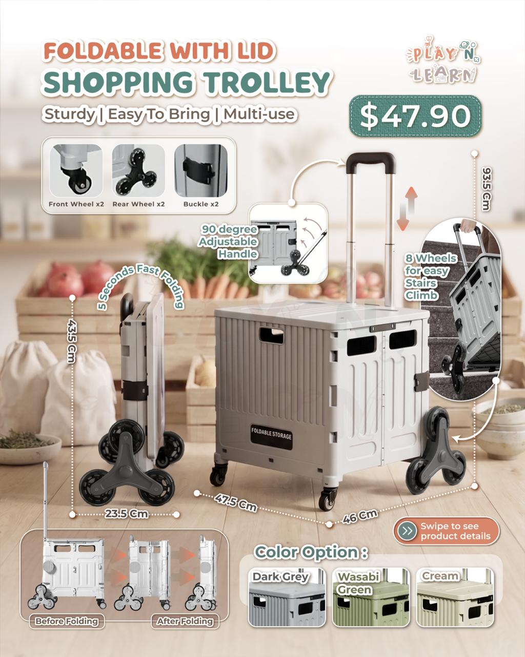 FOLDABLE SHOPPING TROLLEY WITH LID 