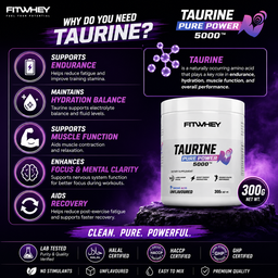 FITWHEY Taurine 5000 Pure Powder 300g | No Stim Endurance & Focus | Intra-Workout Support