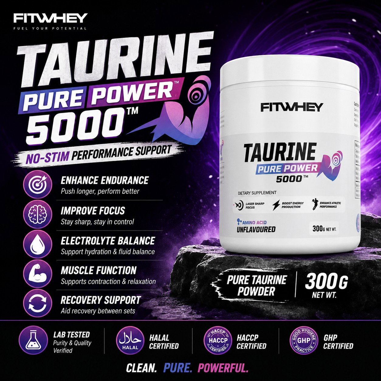 FITWHEY Taurine 5000 Pure Powder 300g | No Stim Endurance & Focus | Intra-Workout Support_0