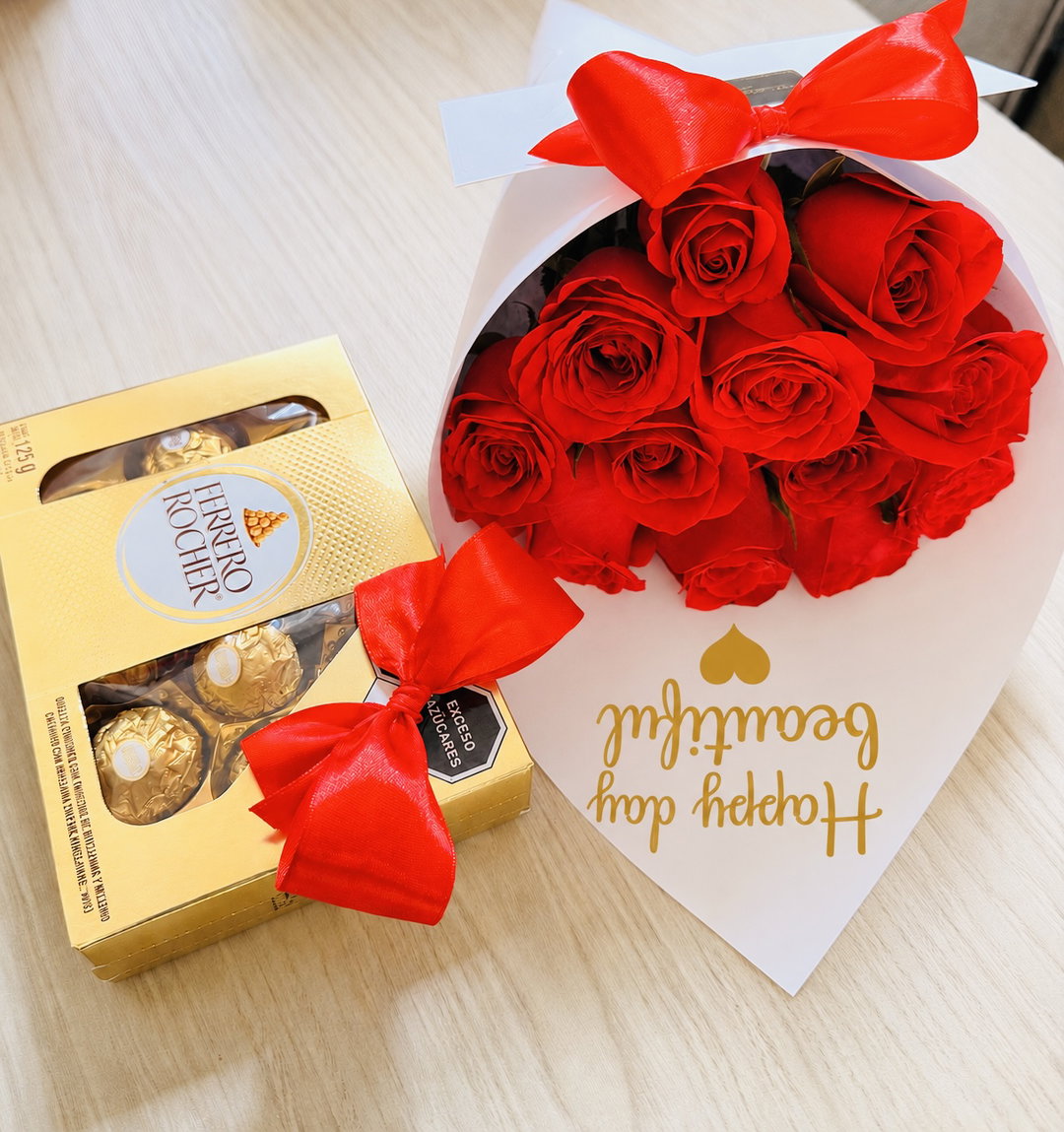 12 roses bouquet with chocolates