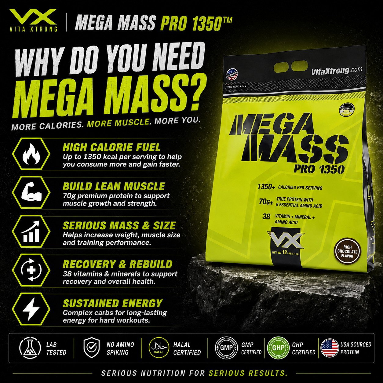VITAXTRONG™ Mega Mass Pro 1350 | 70g Protein (12lbs/ 5.4kg) • 1350 kcal High Calorie Mass Gainer • Muscle & Weight Gain • Bulking [VX]_5
