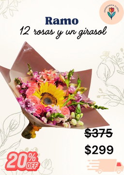 Ramo 12 rosas y un girasol