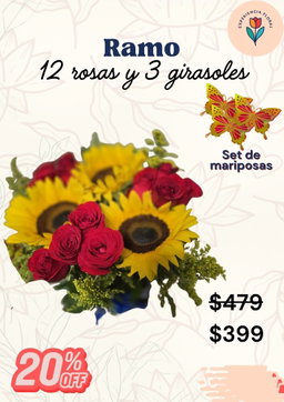 Ramo 12 rosas y 3 girasoles