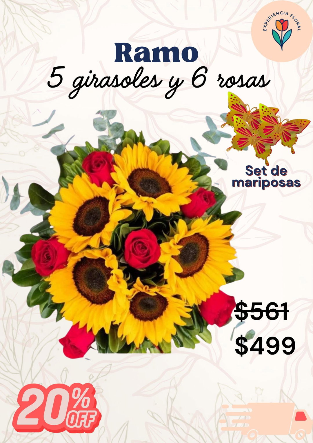 Ramo 5 girasoles y 6 rosas
