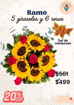 Ramo 5 girasoles y 6 rosas 