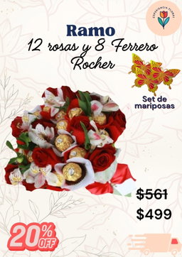 Ramo 12 rosas y 8 ferrero rocher