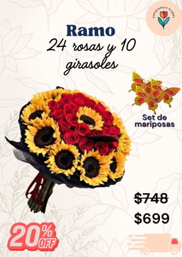 Ramo 24 rosas y 10 girasoles 