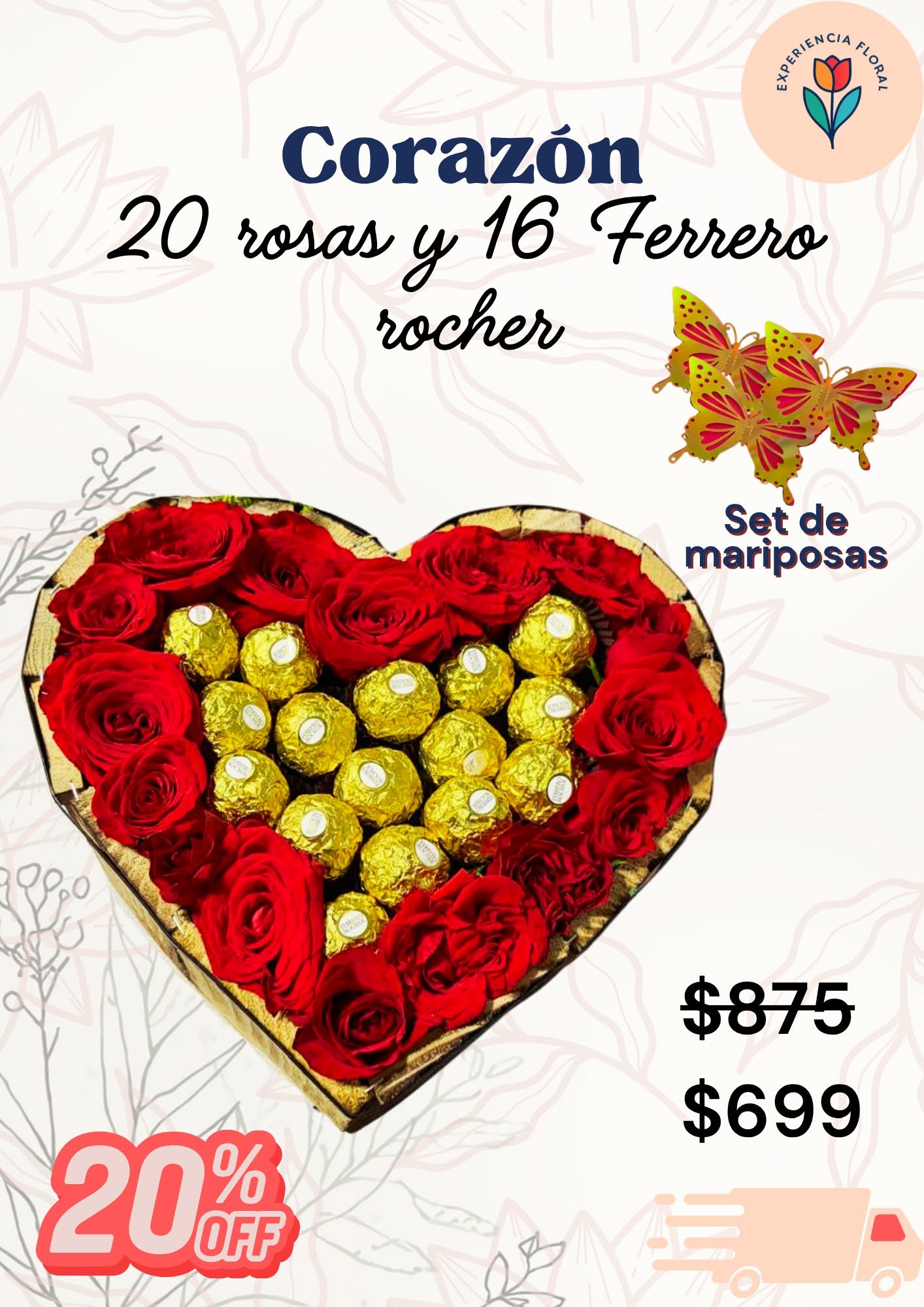 Corazón 20 rosas y 16 Ferrero rocher 