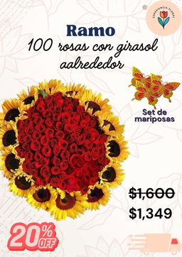 Ramo 100 rosas con girasol alrededor