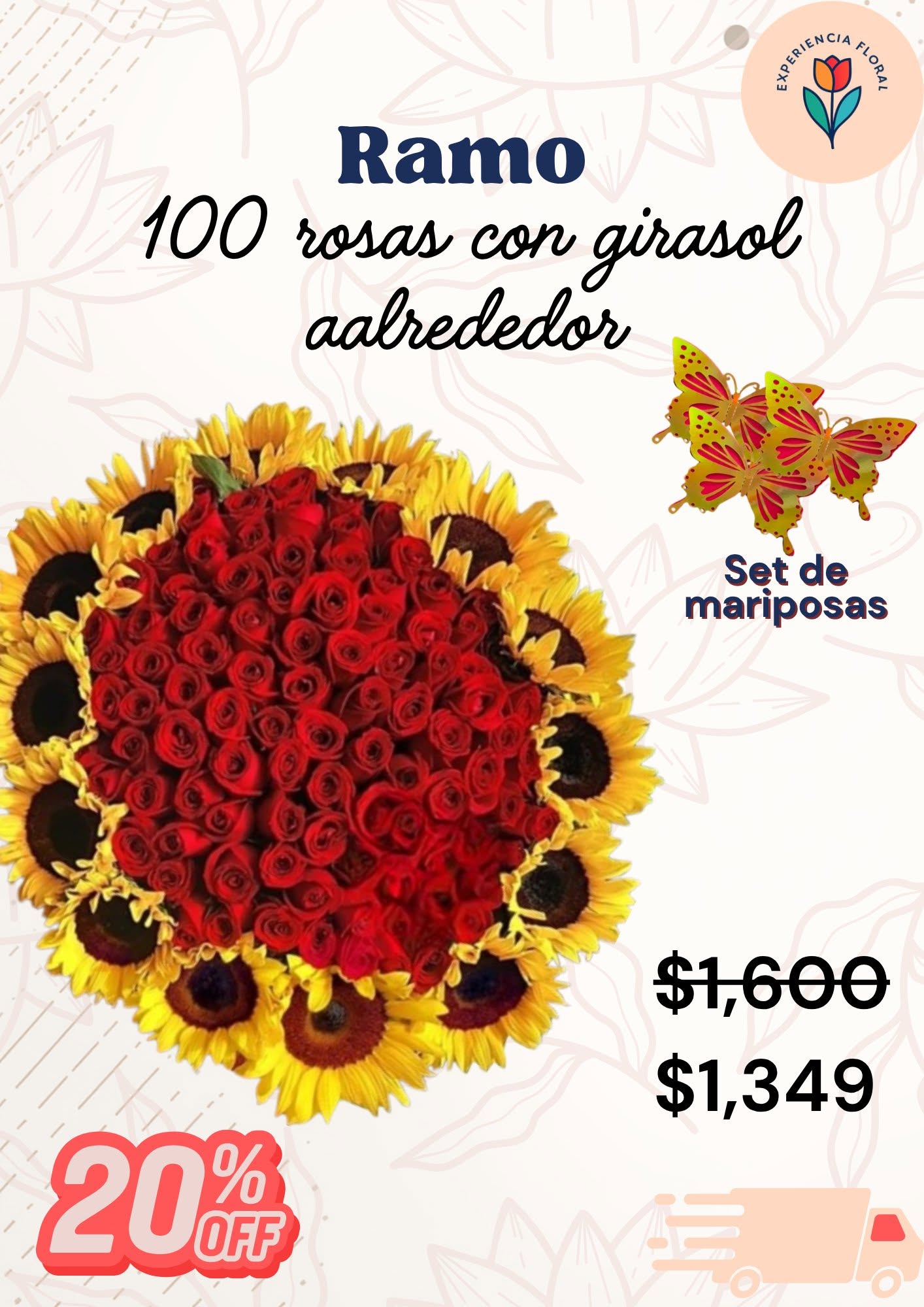 Ramo 100 rosas con girasol alrededor