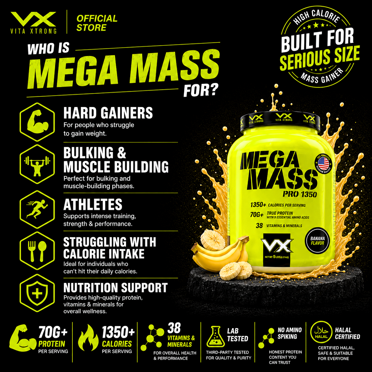 VITAXTRONG™ Mega Mass Pro 1350 (3lbs/ 1.4kg) | 70g Protein • 1350 kcal High Calorie Mass Gainer • Muscle & Weight Gain • Bulking [VX]_6