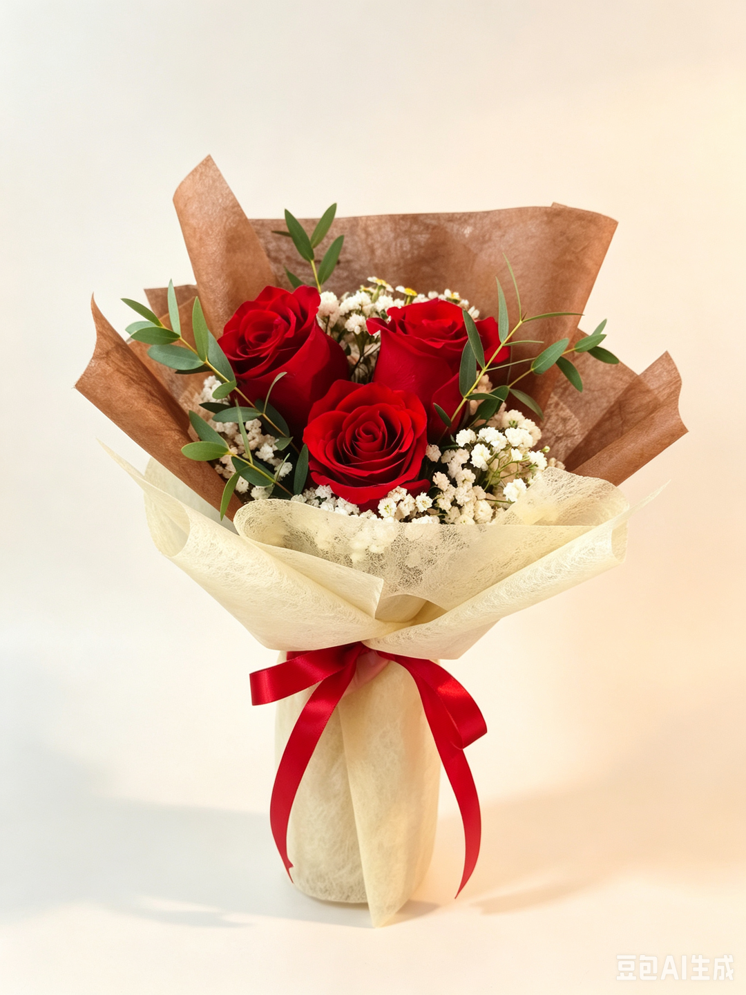 Rose Value Pack - 3 stalk with Baby's breath with Chamomile or Eucalyptus Parvifolia/Leaves
