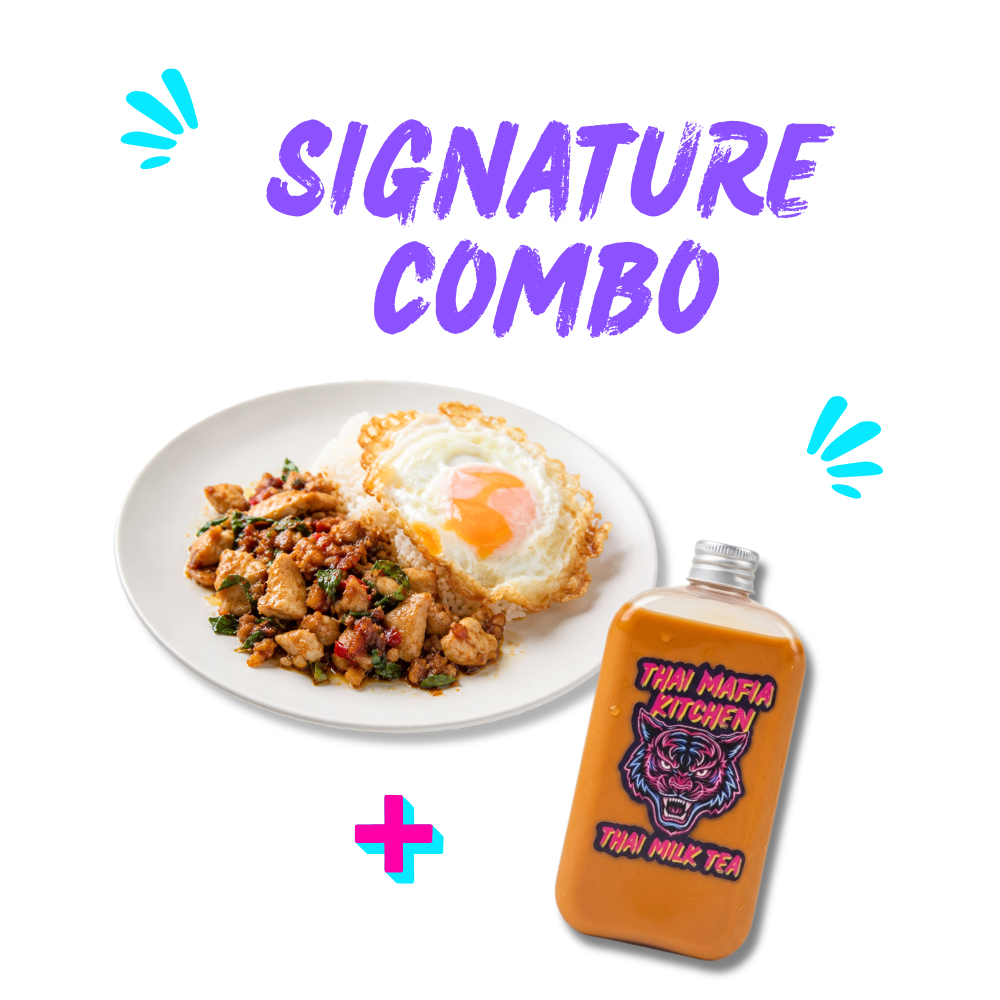 Signature Combo: Thai Basil Chicken Rice + Thai Milk Tea